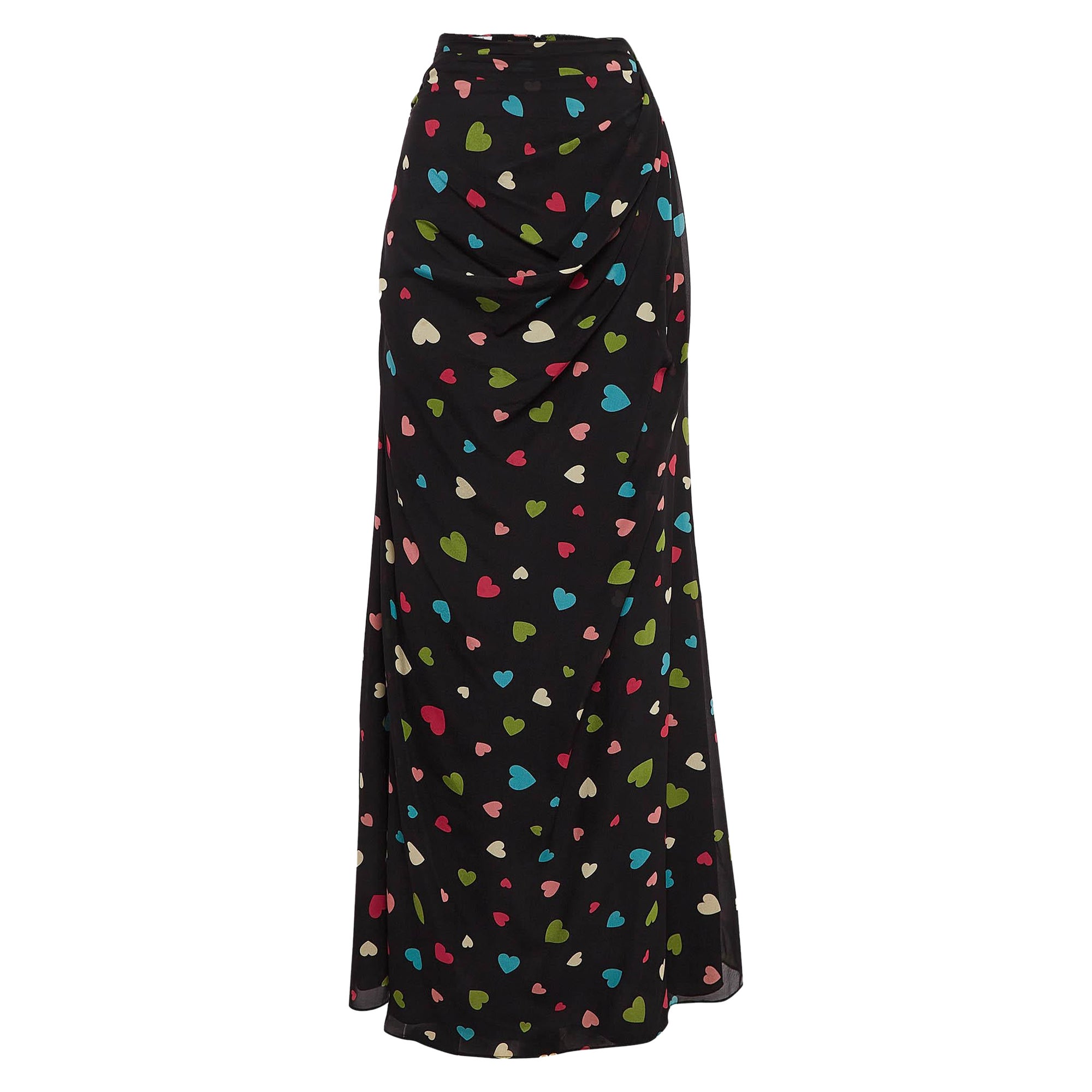 Moschino Cheap and Chic Black Heart Print Silk Maxi Skirt S For Sale