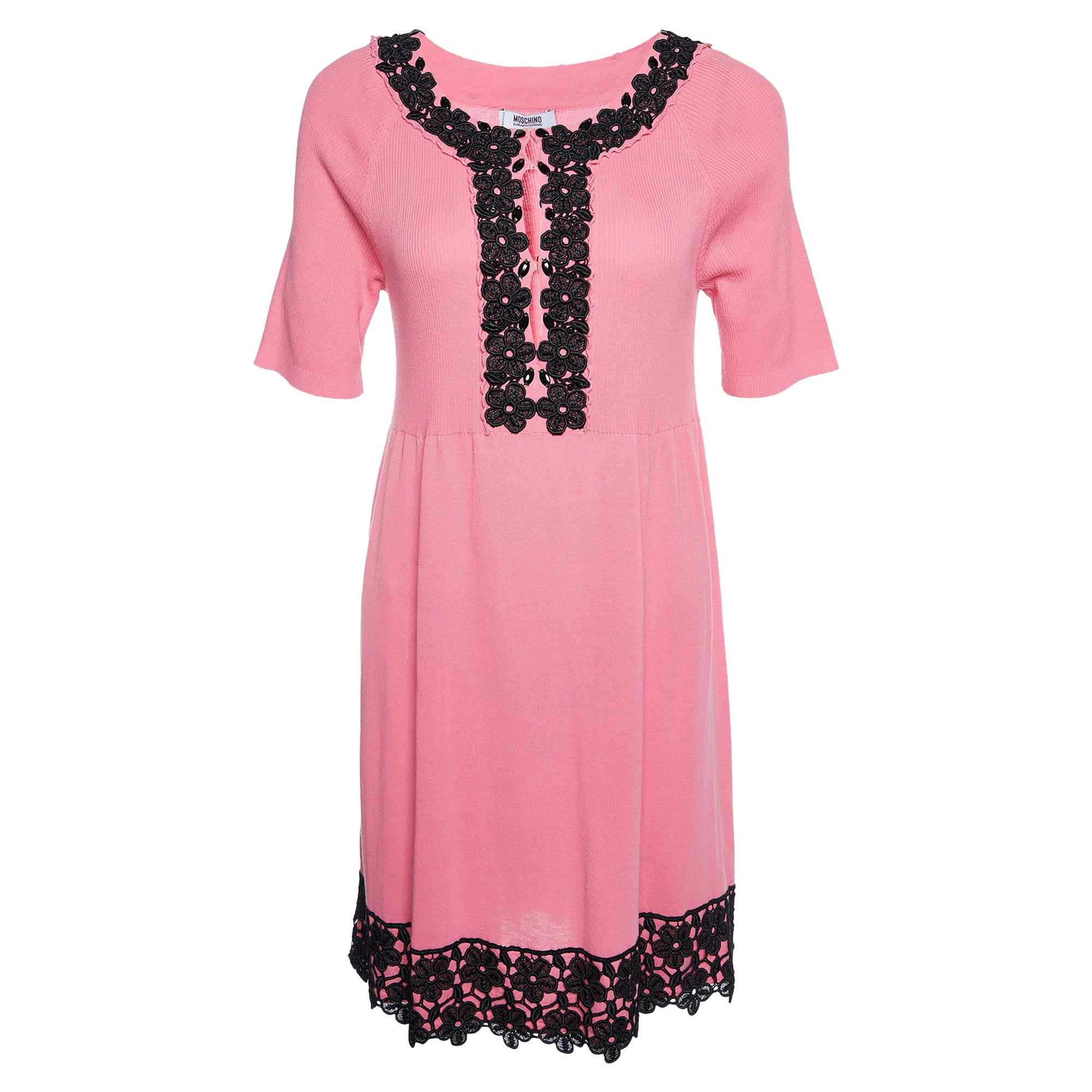 Moschino Cheap and Chic Minivestido de punto de algodón rosa con detalle de encaje L