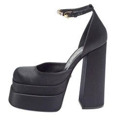 Versace Satin Aevitas Crystal Embellish Platform Block Heel Ankle Strap Pumps 39