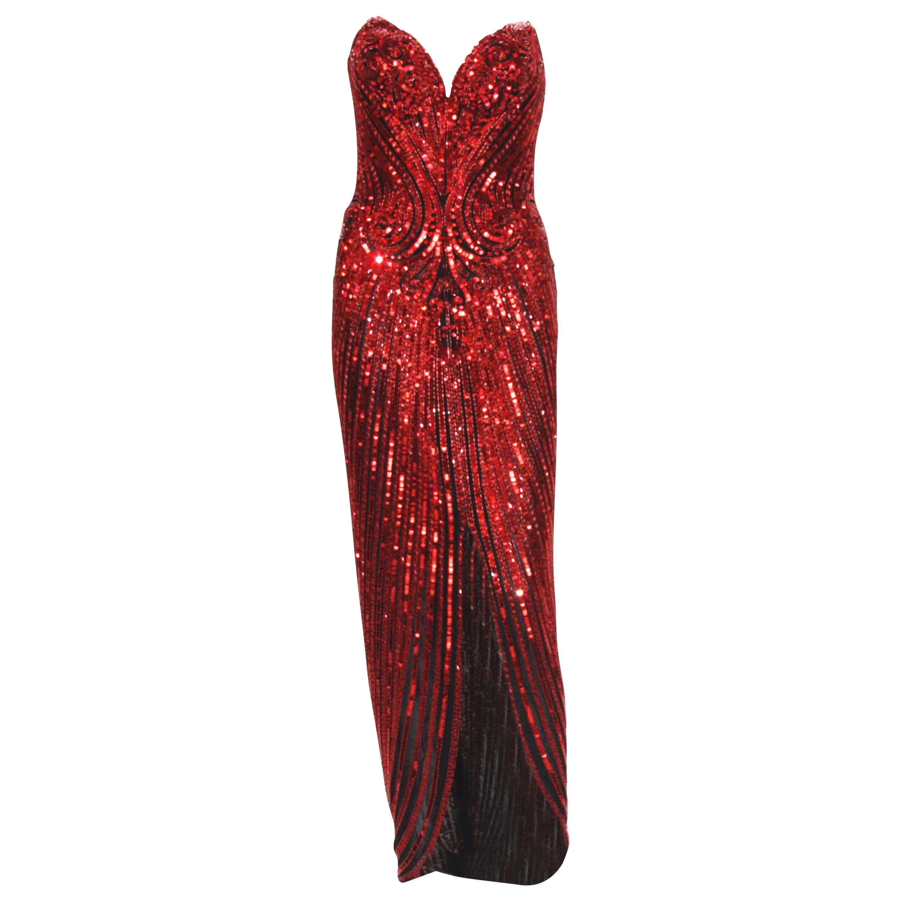 Vintage 1982 Bob Mackie Red Fully Beaded Dress Gown size US 6 For Sale