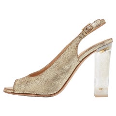 Chanel Gold Textured Suede CC Transparent Heel Slingback Sandals Size 38.5