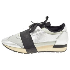 Balenciaga Silver/Grey Leather and Knit Fabric Race Runner Sneakers Size 40