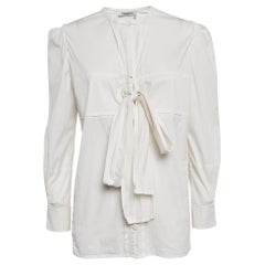 Yves Saint Laurent Paris Off-White Cotton Stretch Tie-Up Blouse L