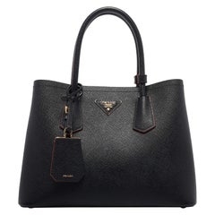Prada Black Saffiano Cuir Leather Small Double Handle Tote