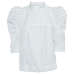 Chloe White Cotton Puff Sleeves High Neck Blouse L