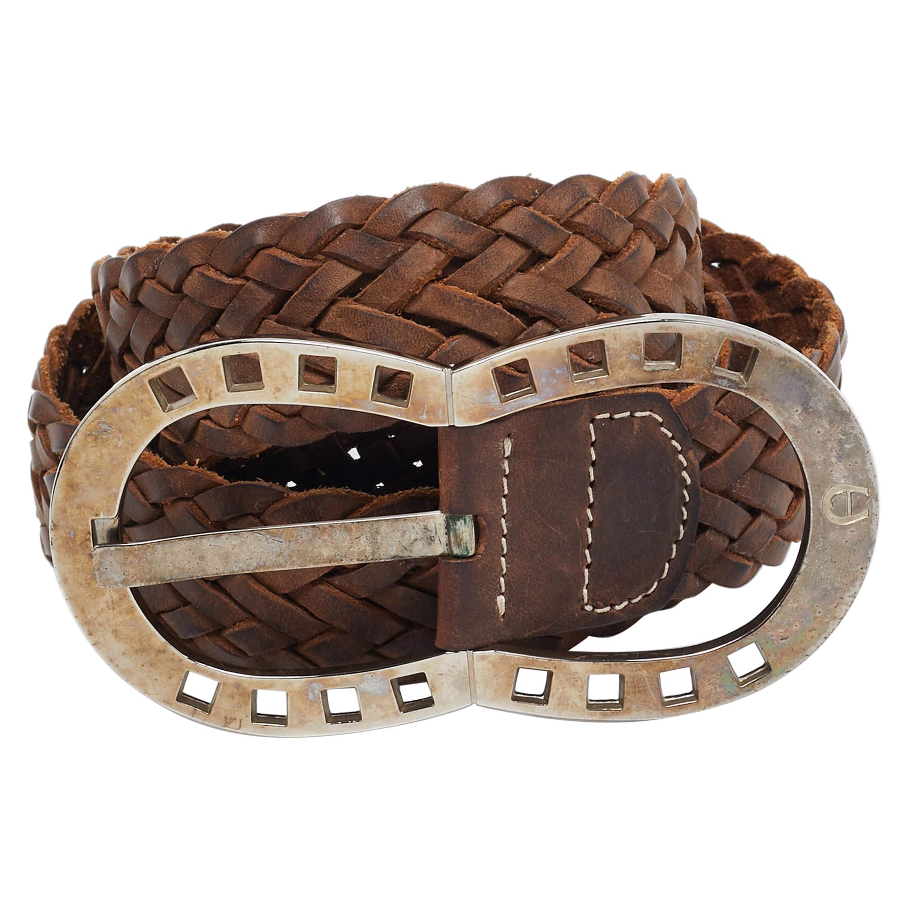 Aigner Brown Braided Leather Buckle Belt 90 CM For Sale