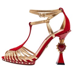 Dolce & Gabbana Red/Gold Leather & Suede Sculpted Ankle Strap Sandals Size 36.5
