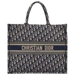 Dior Navy Blue Oblique Embroidered Canvas Large Book Tote