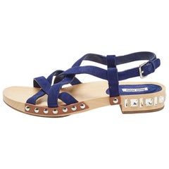 Miu Miu Blue Suede Crystal Embellished Strappy Flat Sandals Size 40