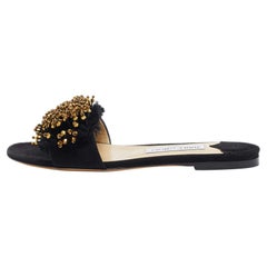 Jimmy Choo Black Suede Embellished Waida Flat Slides Size 37.5