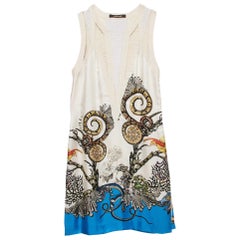 Roberto Cavalli White Printed Silk Swing Trim Sleeveless Dress M