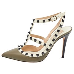 Valentino Army Green/Cream Leather Rockstud Ankle Strap Pumps Size 38