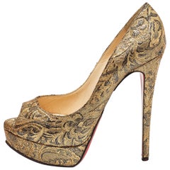 Christian Louboutin Gold Brocade Fabric Lady Peep Pumps Size 38.5