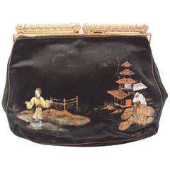 Retro 1950s  Black Silk Satin Chinese Motif Hand Painted Small  Clutch Bag