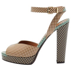 Fendi Brown/Green Checkered Leather Platform Ankle Strap Sandals Size 39