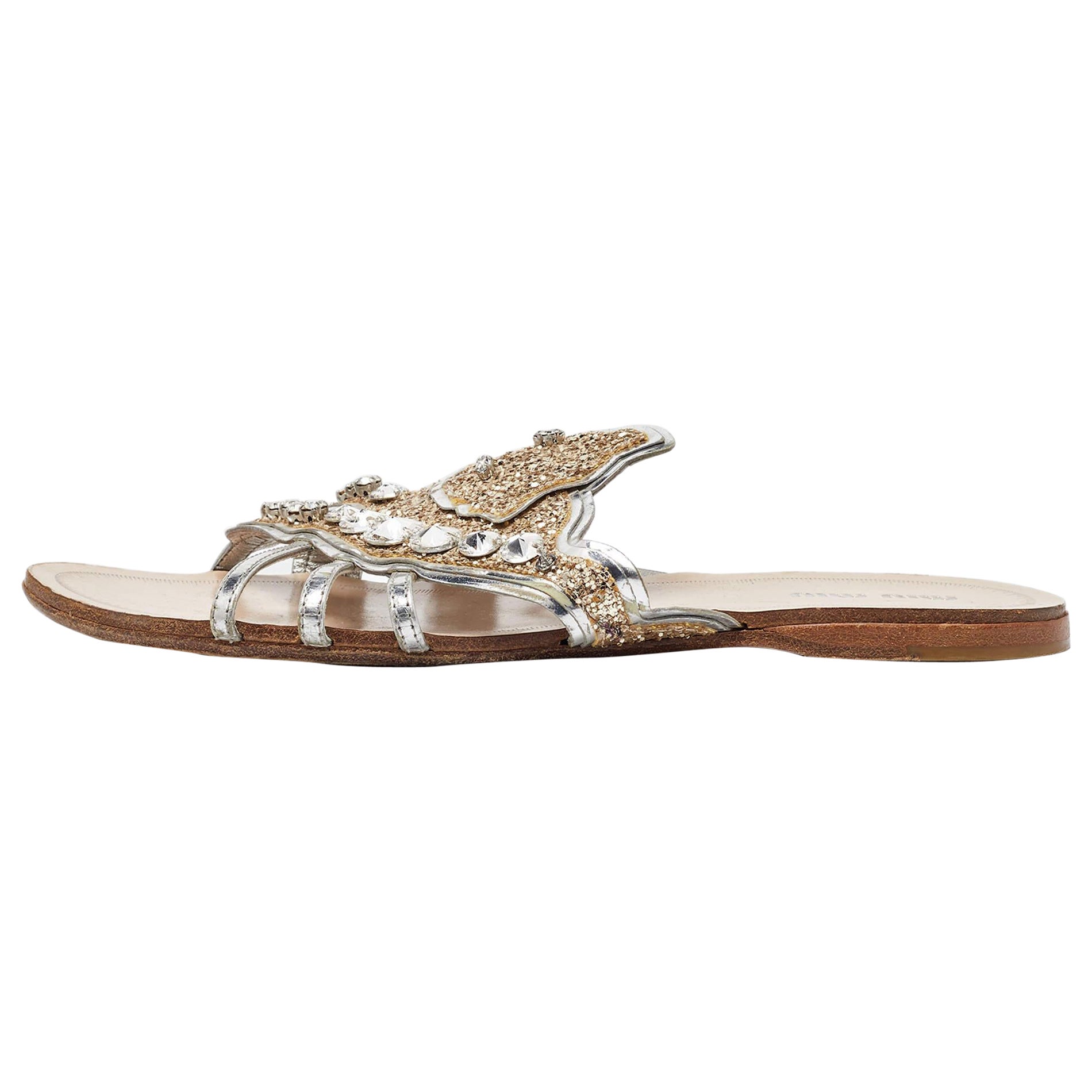 Miu Miu Silver Leather Crystal Embellished Flat Slides Size 37.5
