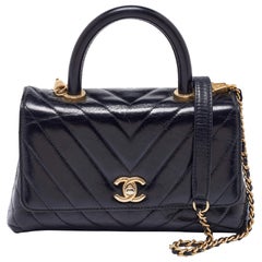 Chanel Black Chevron Glazed Leather Mini Coco Top Handle Bag