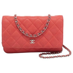 Chanel Coral Pink Quilted Caviar Leather CC Flap Wallet on Chain