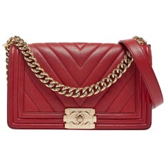 Chanel Red Chevron Leather Medium Boy Flap Bag