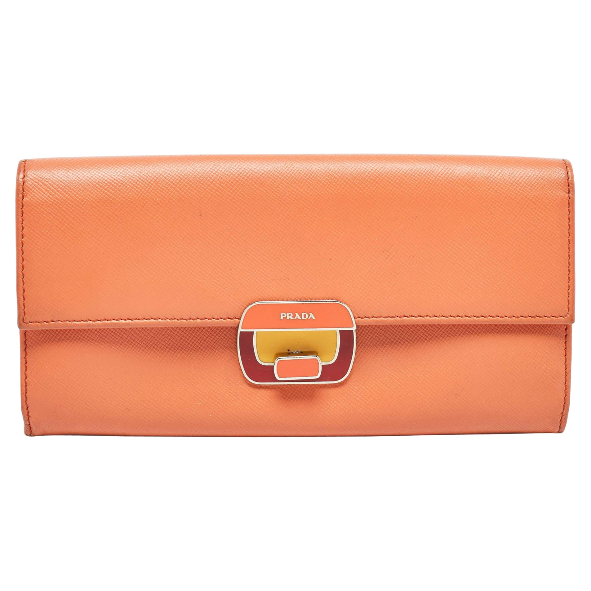 Prada Orange Leather Pushlock Flap Continental Wallet