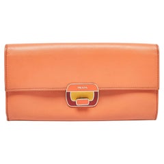 Prada Orange Leather Pushlock Flap Continental Wallet