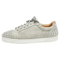 Christian Louboutin Grey Suede Louis Junior Spike Low Top Sneakers Size 45.5