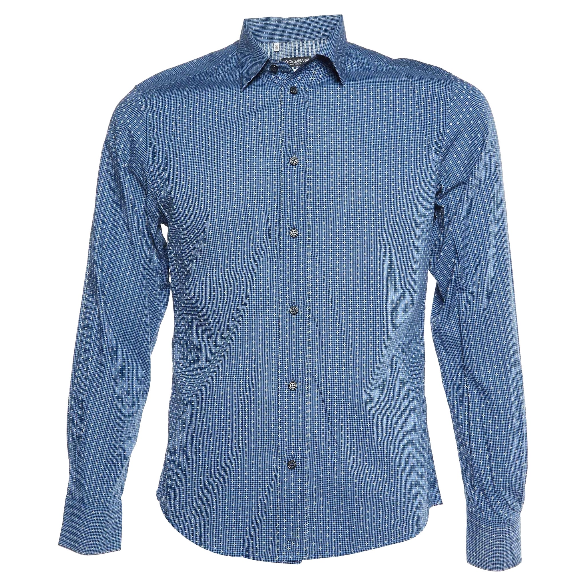 Dolce & Gabbana Gold Blue Patterned Buttoned Up Shirt XS For Sale