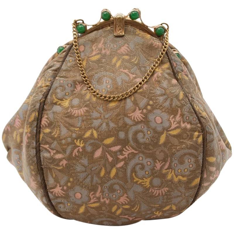 Silk Brocade and Green Jade Colour Glass Beads Jeweled Frame Evening Bag, 1930s  For Sale