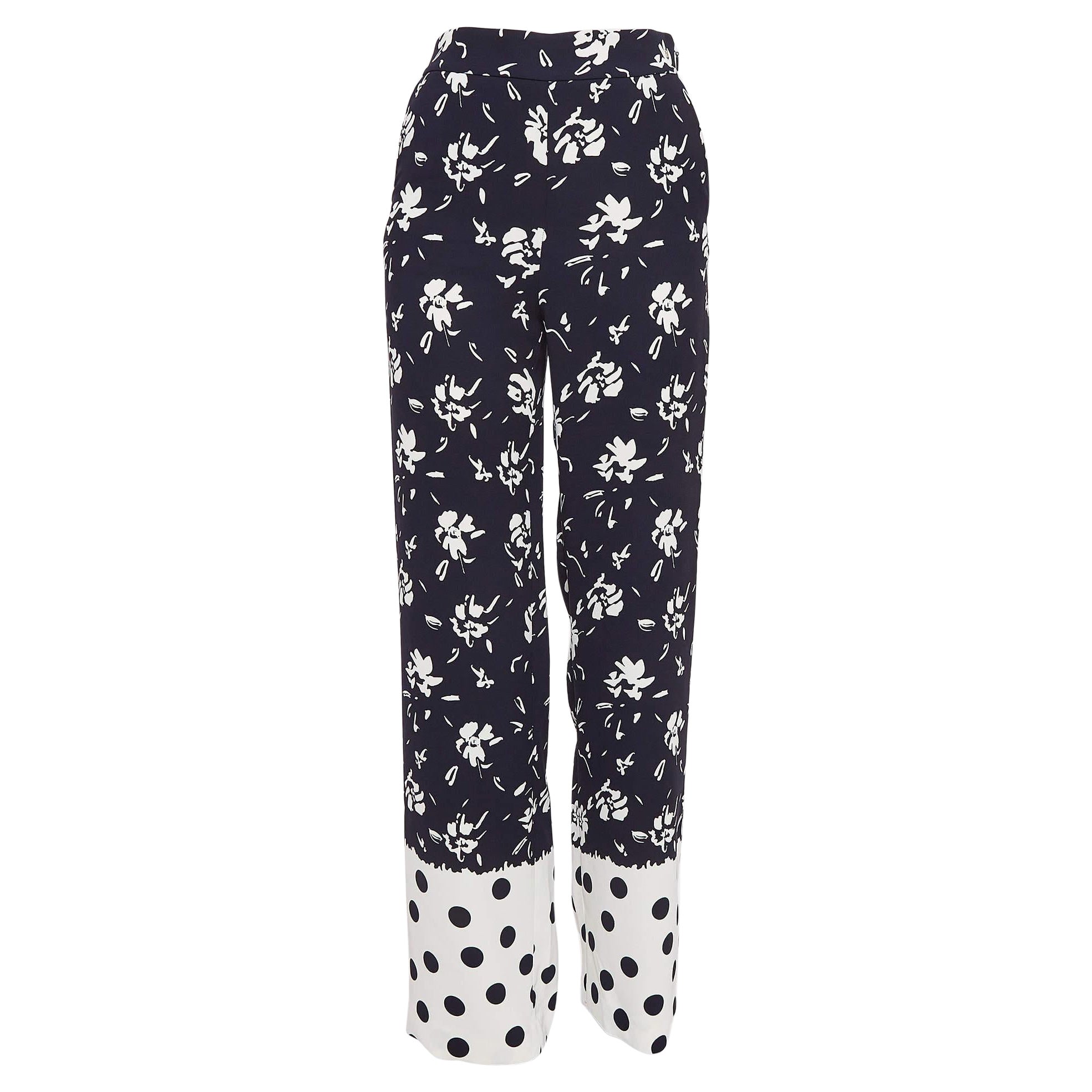 CH Carolina Herrera Blue Floral Printed Crepe Wide-Leg Pants XS For Sale
