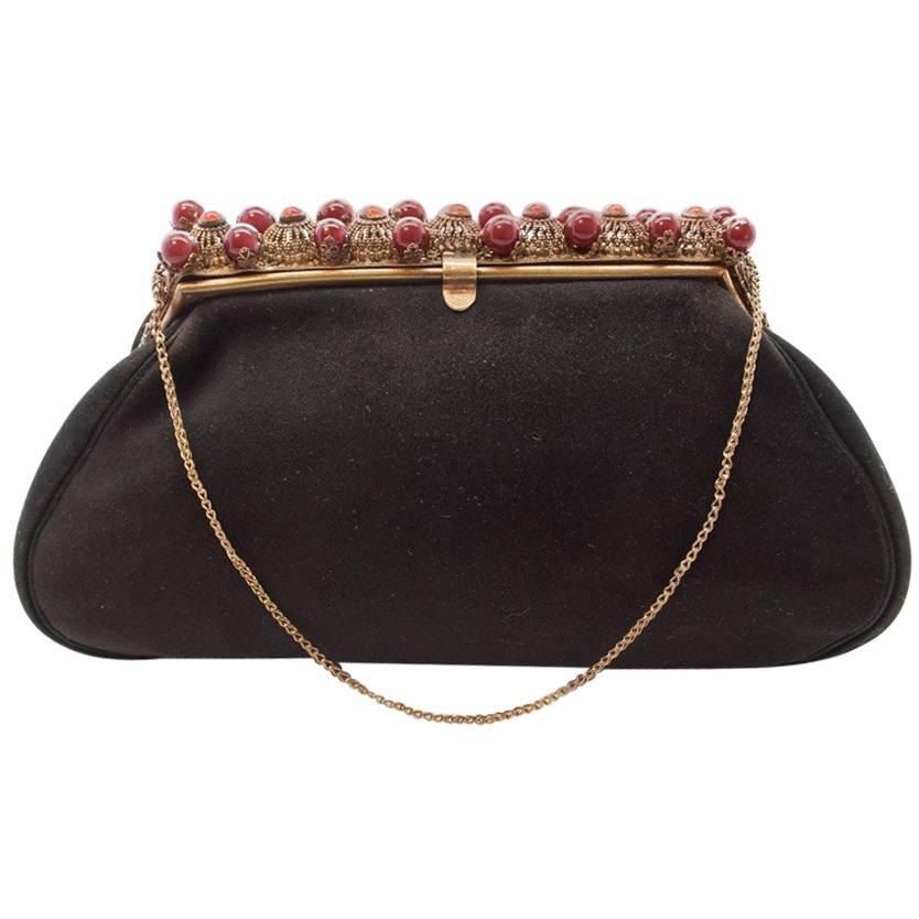 Black Antelope Suede with  Deep Red Glass Bead Encrusted Brass Frame Bag, 1930s  For Sale