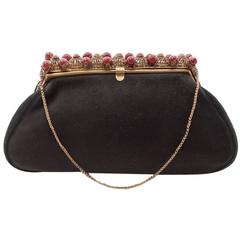 Vintage Black Antelope Suede with  Deep Red Glass Bead Encrusted Brass Frame Bag, 1930s 