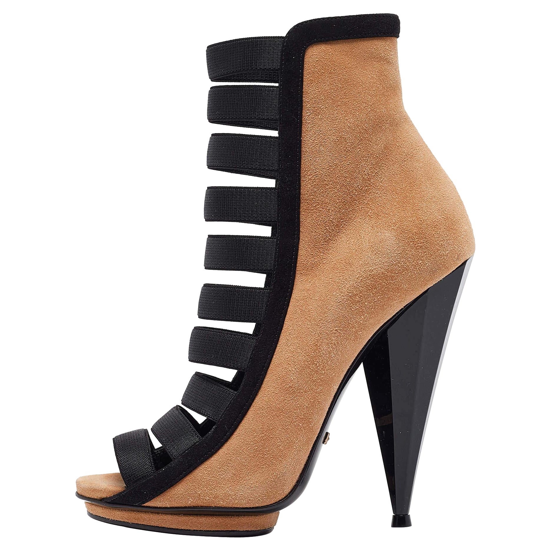Gucci Brown/Black Suede and Fabric Olimpia Strappy Ankle Boots Size 35.5 For Sale