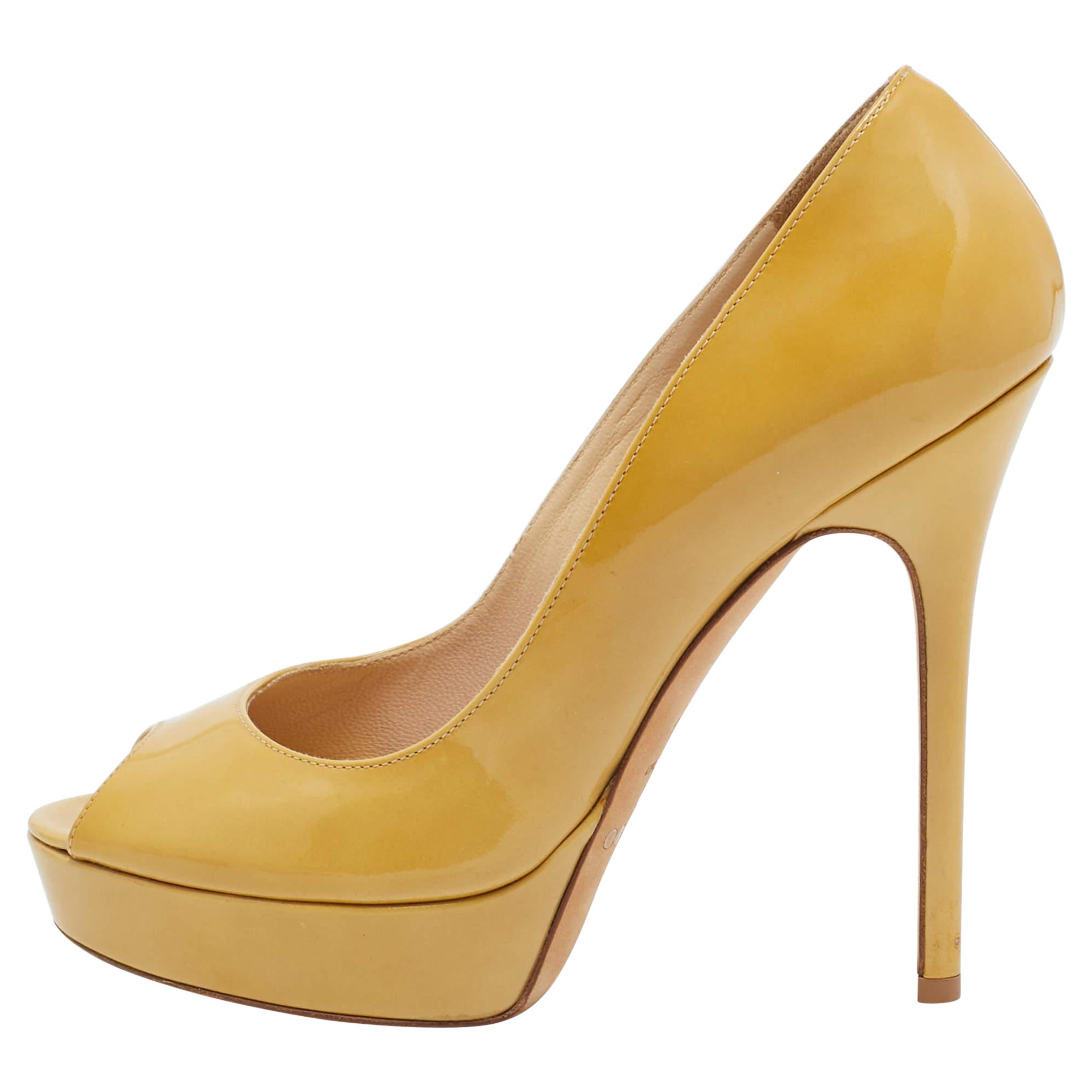 Jimmy Choo Yellow Patent Leather Crown Platform Peep Toe Pumps Size 37.5 For Sale