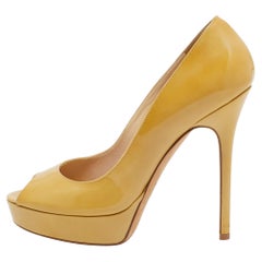 Jimmy Choo Yellow Patent Leather Crown Platform Peep Toe Pumps Size 37.5