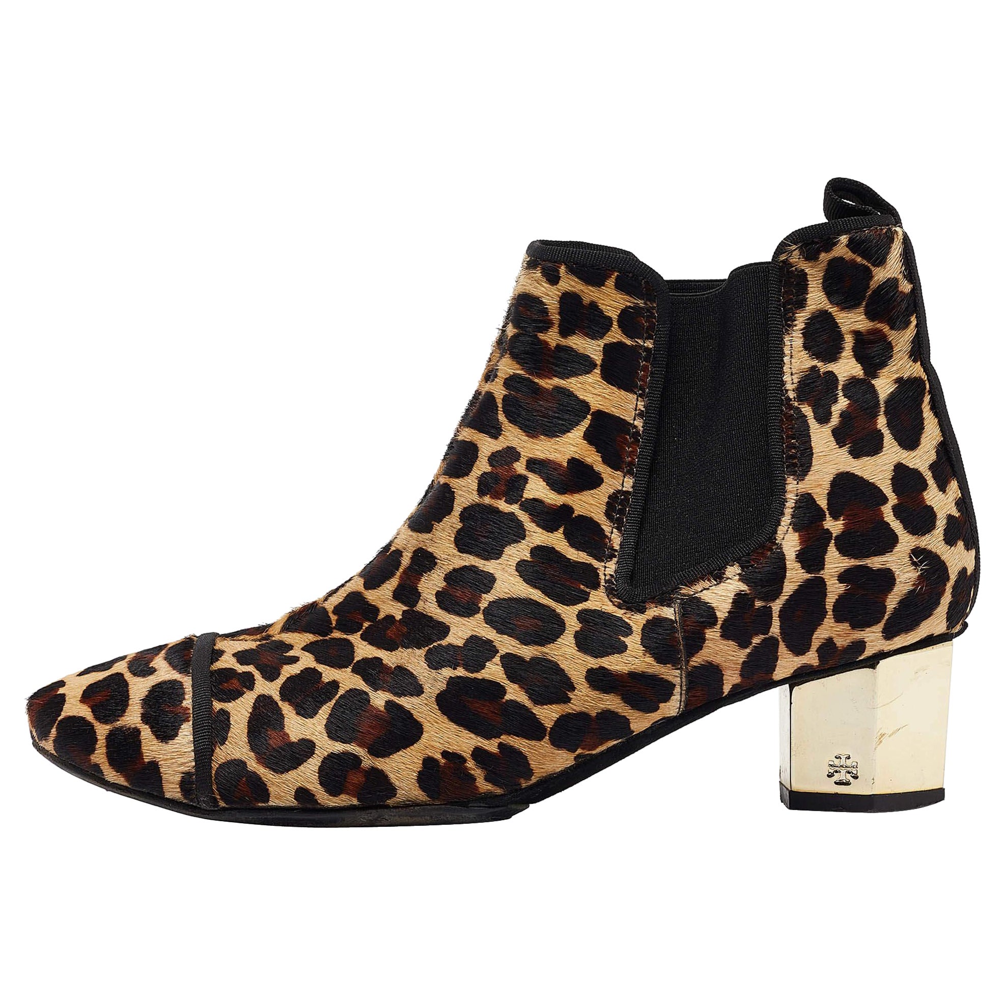 Tory Burch Brown/Beige Leopard Print Calf Hair Ankle Boots Size 38.5 For Sale