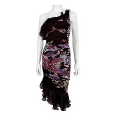 Vintage SS 2003 Floral Emanuel Ungaro Vestito midi monospalla a pois con volant