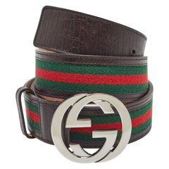 Gucci Brown Web Canvas and Leather Interlocking G Buckle Belt 95CM