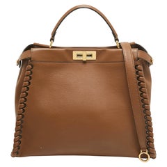 Fendi Brown Leather Large Whipstitch Peekaboo Top Handle Bag