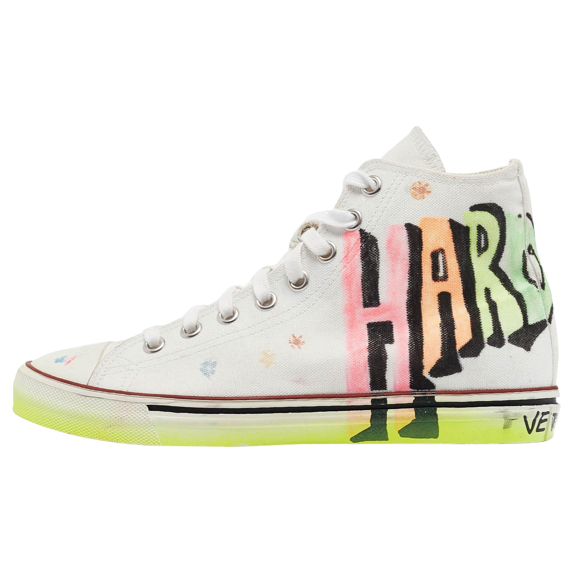Vetements White Canvas Printed Hard Core Happiness High Top Sneakers Size 39 For Sale