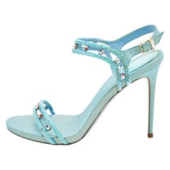 René Caovilla Metallic Leather Crystal Embellished Ankle Strap Sandals Size 39