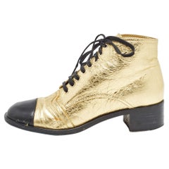 Chanel Gold/Black Crackled Leather Ankle Boots Size 40.5