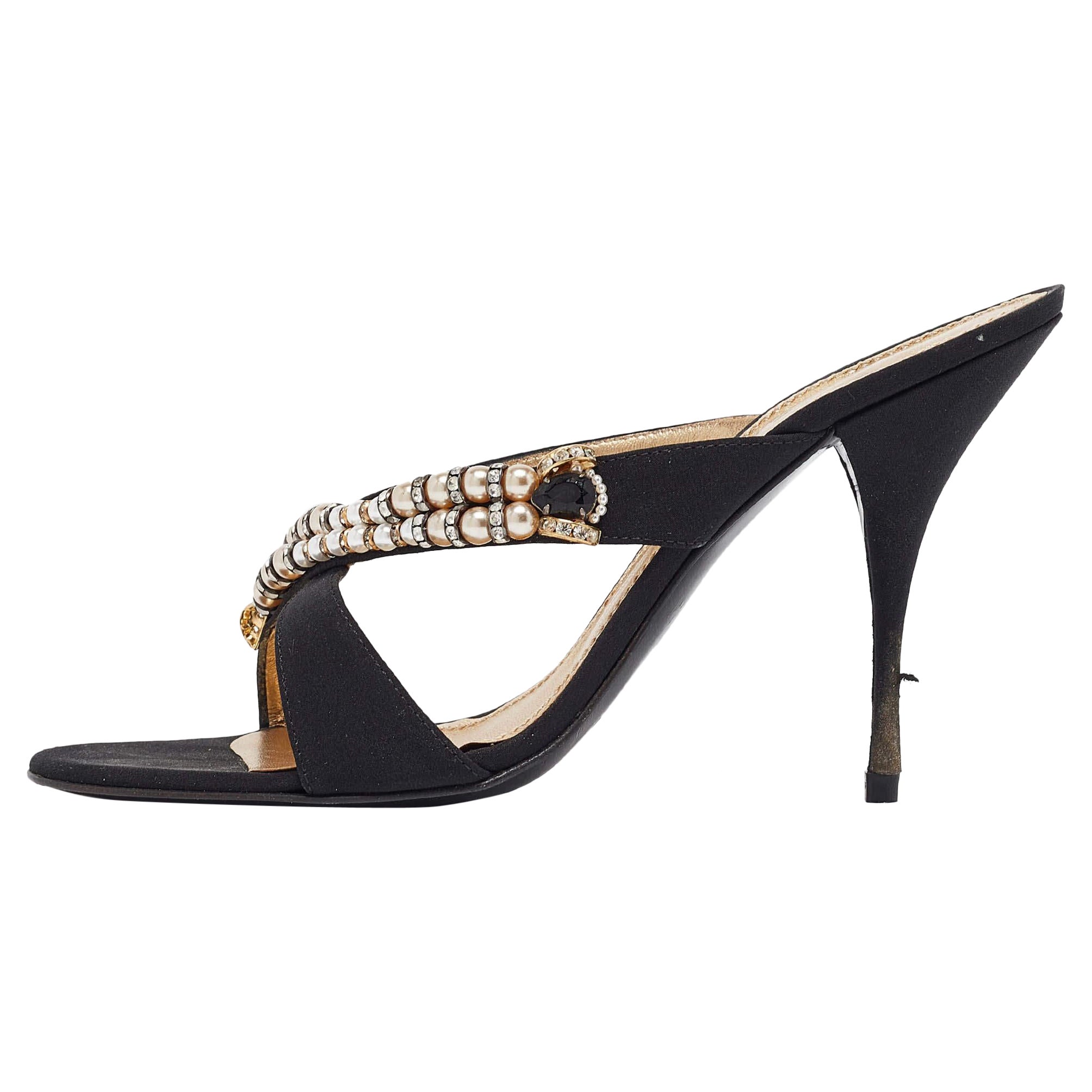 Casadei Black Canvas Crystal Embellished Slide Sandals Size 40 in vendita