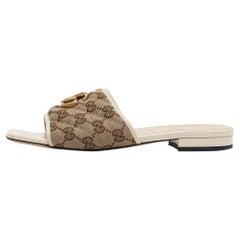 Gucci Brown/Cream GG Canvas Double G Flat Slides Size 37.5