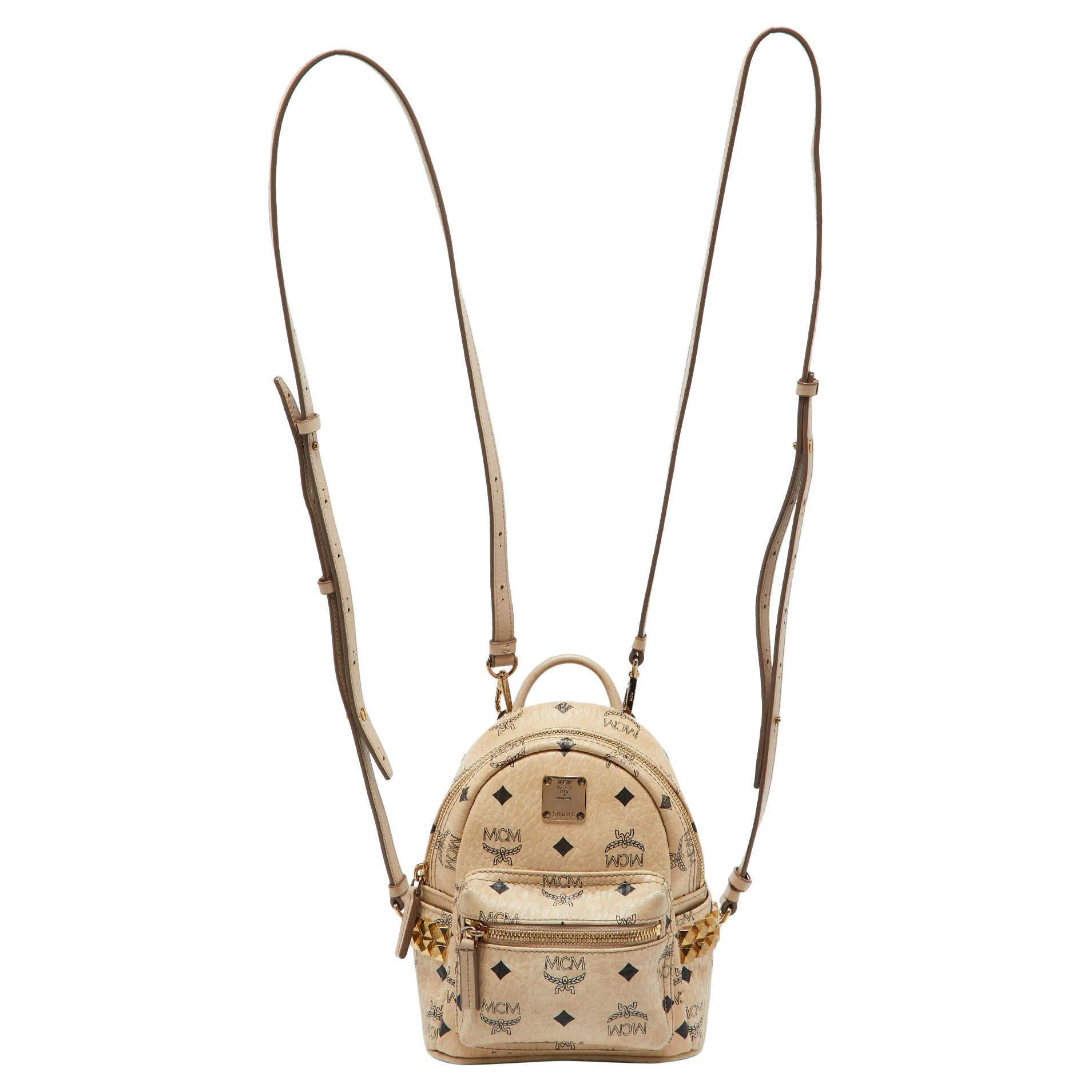 MCM Beige Visetos Coated Canvas and Leather Mini Studded Stark-Bebe Boo Backpack