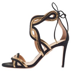 Aquazzura Black/Gold Leather and Suede Moon Ray Sandals Size 37