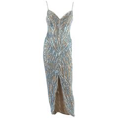 Bob Mackie Nude Mesh Blue Beaded Gown - 8 - circa 1980's