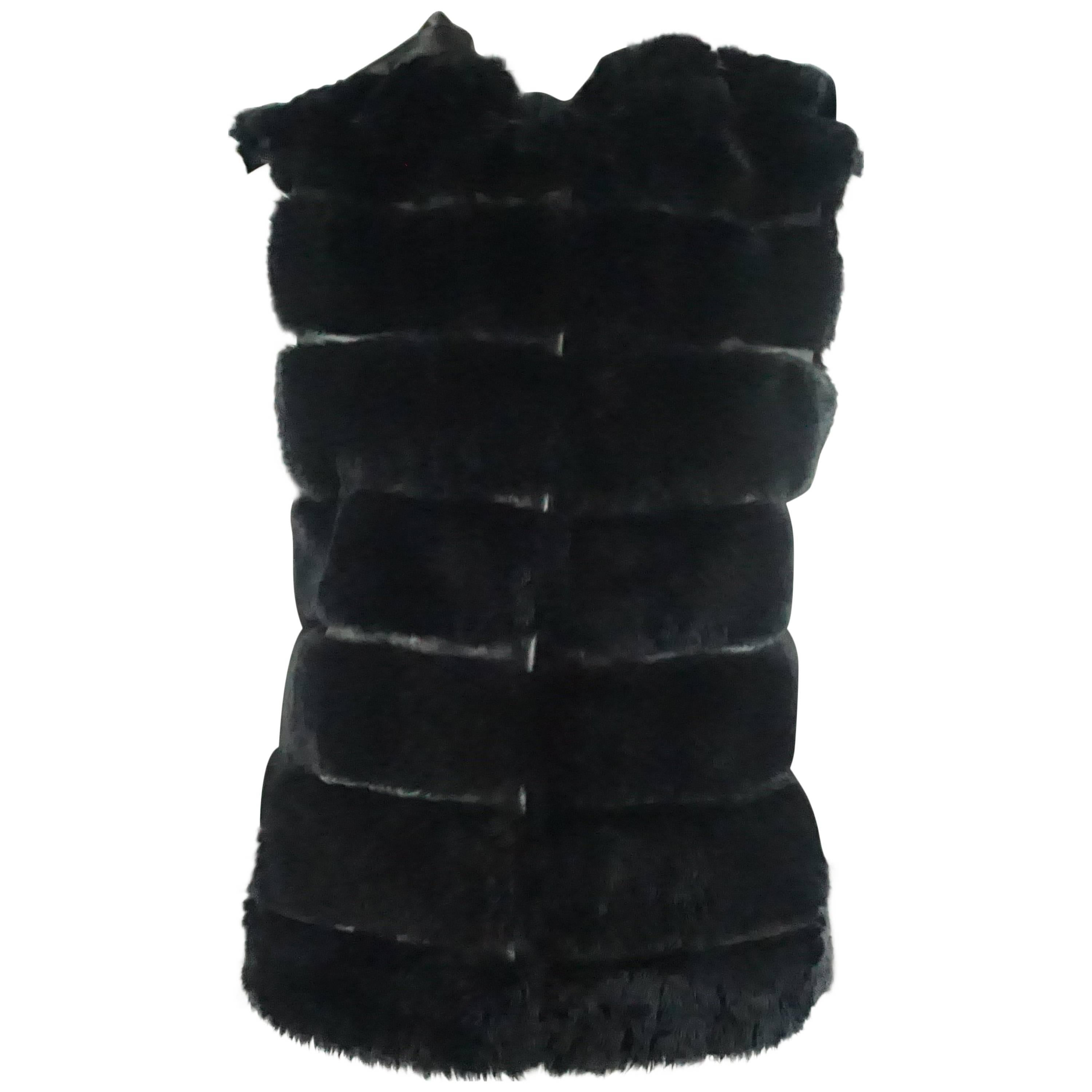 Olivia Preckel Black Sheared Beaver and Leather Vest with Hood - S/M