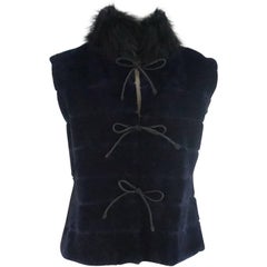 Dennis Basso Navy Sheared Beaver Vest with Black Fox Collar - S