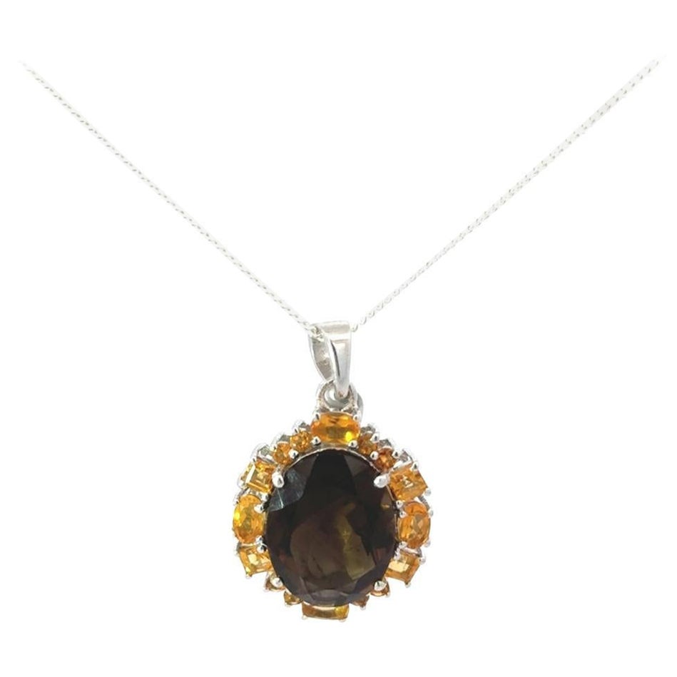 Certified 10.5 Carat Natural Smoky and Citrine Pendant in 925 Silver For Mother For Sale