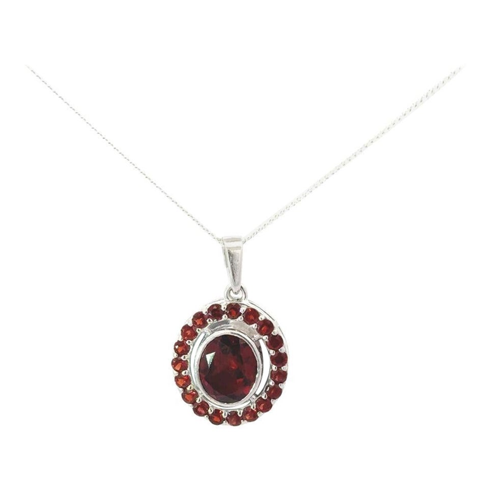 Handmade Red Garnet Oval Shape Pendant in 925 Sterling Silver for Her For Sale